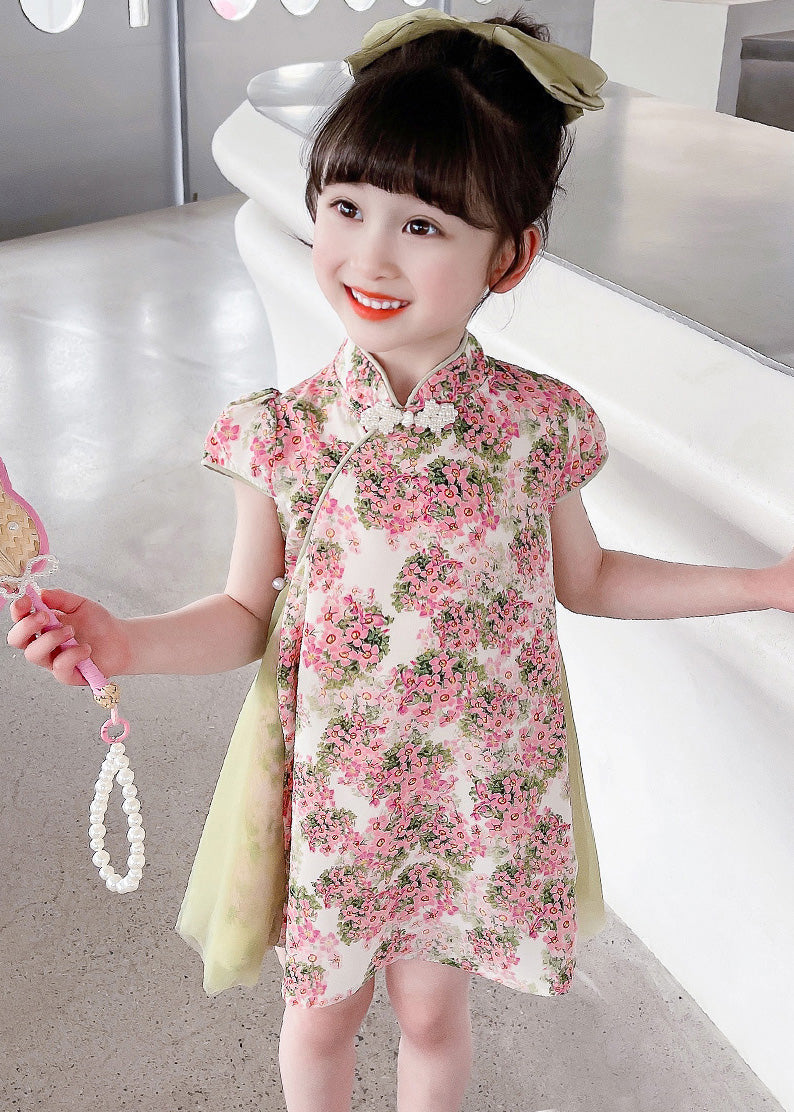 Pink Tulle Patchwork Button Kids Mid Dresses Short Sleeve GF003 MM-RCTZ-SDM230724