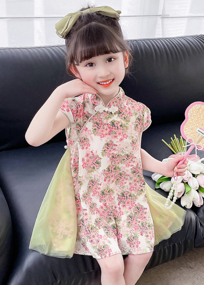 Pink Tulle Patchwork Button Kids Mid Dresses Short Sleeve GF003 MM-RCTZ-SDM230724