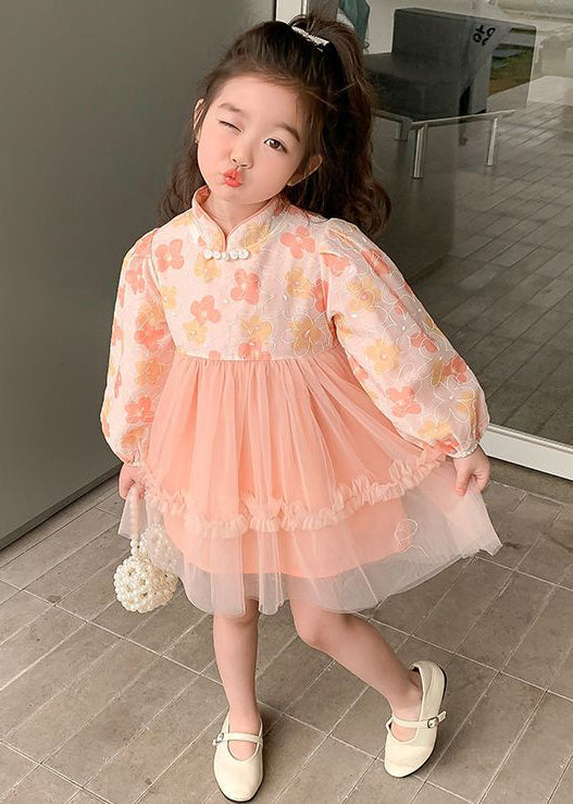 Pink Tulle Patchwork Girls Dress Ruffled Long Sleeve XZ094 FALL-MM-RCTZ-FDGM240618