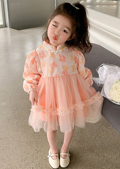 Pink Tulle Patchwork Girls Dress Ruffled Long Sleeve XZ094 FALL-MM-RCTZ-FDGM240618