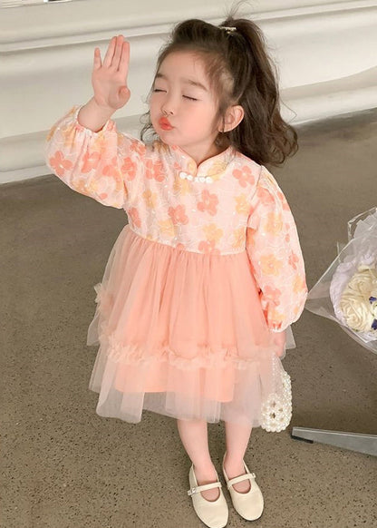 Pink Tulle Patchwork Girls Dress Ruffled Long Sleeve XZ094 FALL-MM-RCTZ-FDGM240618