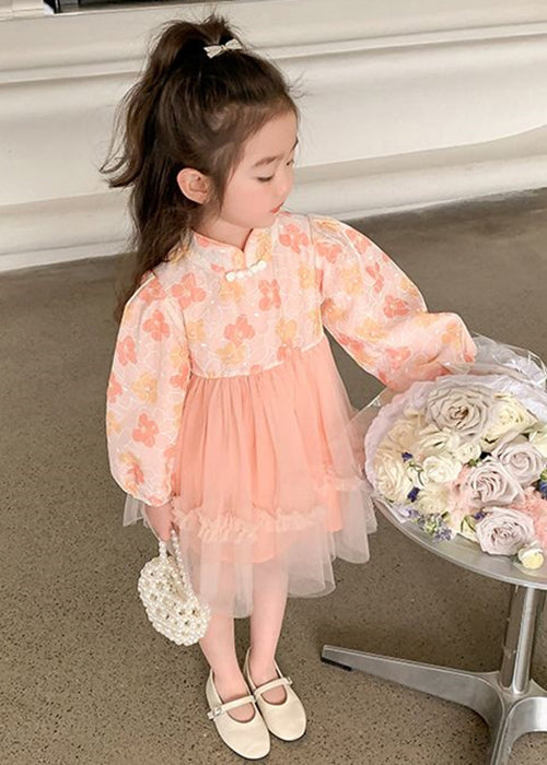 Pink Tulle Patchwork Girls Dress Ruffled Long Sleeve XZ094 FALL-MM-RCTZ-FDGM240618