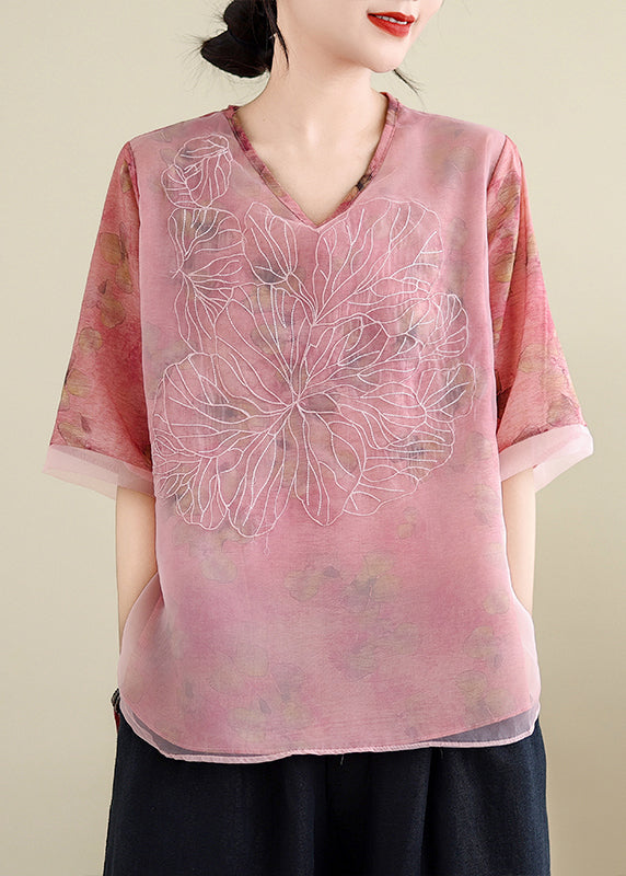 Pink V Neck Tulle Patchwork Shirts Short Sleeve AP014 GK-STP240718