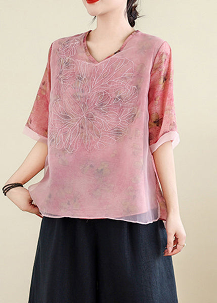 Pink V Neck Tulle Patchwork Shirts Short Sleeve AP014 GK-STP240718