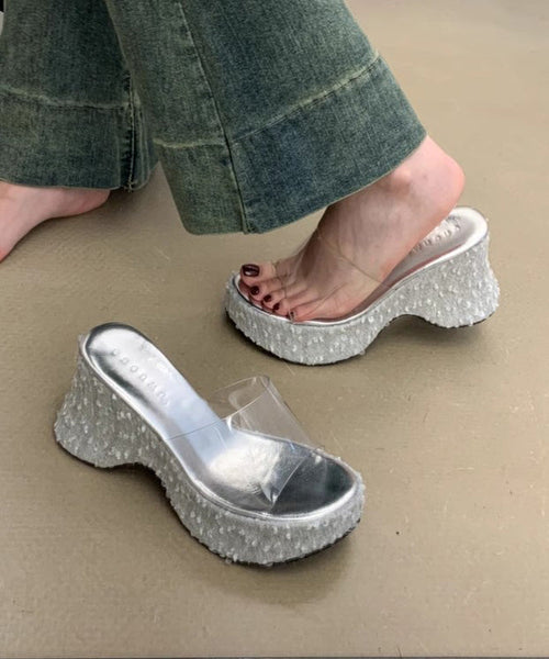 Sandals Sequins Slide Wedge Splicing Fine Stylish Pink FashionChic