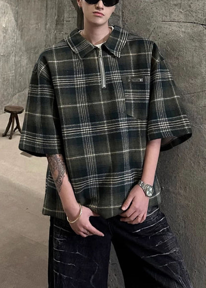 Shirt Zippered Men Sleeve Cotton Green Plaid Pullover Half FashionChic