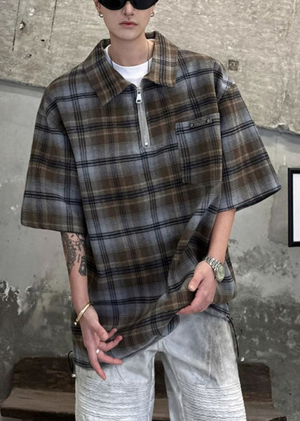 Shirt Zippered Men Sleeve Cotton Green Plaid Pullover Half FashionChic