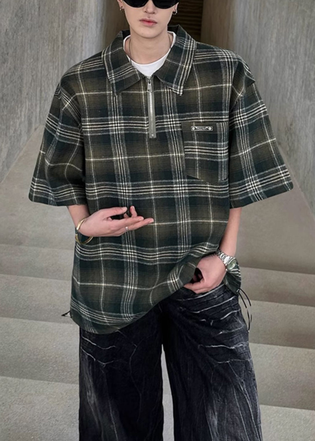 Shirt Zippered Men Sleeve Cotton Green Plaid Pullover Half FashionChic