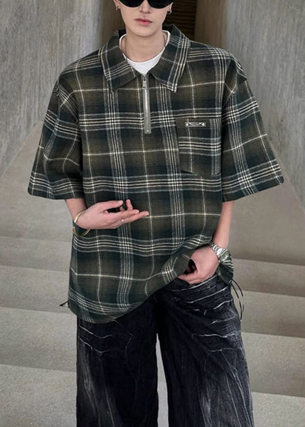 Shirt Zippered Men Sleeve Cotton Green Plaid Pullover Half FashionChic