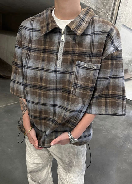 Shirt Zippered Men Sleeve Cotton Green Plaid Pullover Half FashionChic