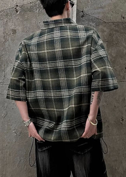 Shirt Zippered Men Sleeve Cotton Green Plaid Pullover Half FashionChic