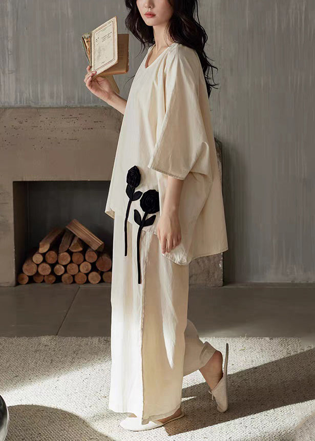 Cotton Neck Floral V Size Patchwork Apricot Two Pieces Set Plus FashionChic