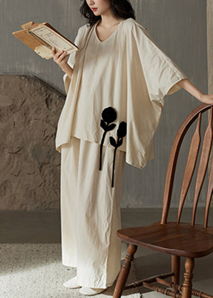 Cotton Neck Floral V Size Patchwork Apricot Two Pieces Set Plus FashionChic