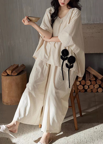 Cotton Neck Floral V Size Patchwork Apricot Two Pieces Set Plus FashionChic