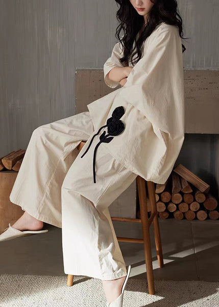 Cotton Neck Floral V Size Patchwork Apricot Two Pieces Set Plus FashionChic