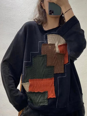 Plus Size Autumn Women Vintage Patchwork Loose Sweatshirt Ada Fashion