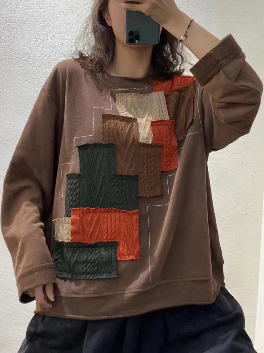 Plus Size Autumn Women Vintage Patchwork Loose Sweatshirt Ada Fashion