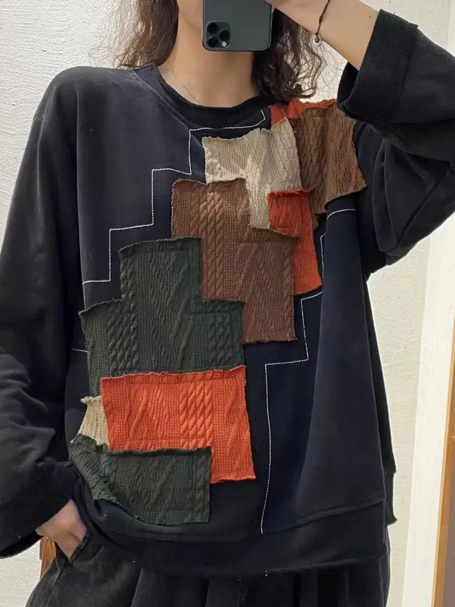 Plus Size Autumn Women Vintage Patchwork Loose Sweatshirt Ada Fashion