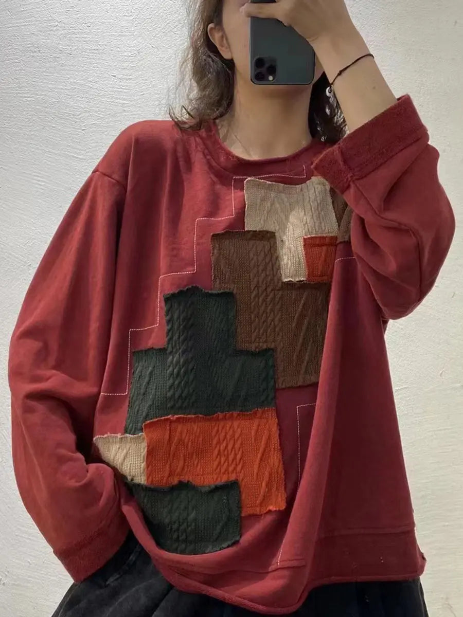 Plus Size Autumn Women Vintage Patchwork Loose Sweatshirt Ada Fashion