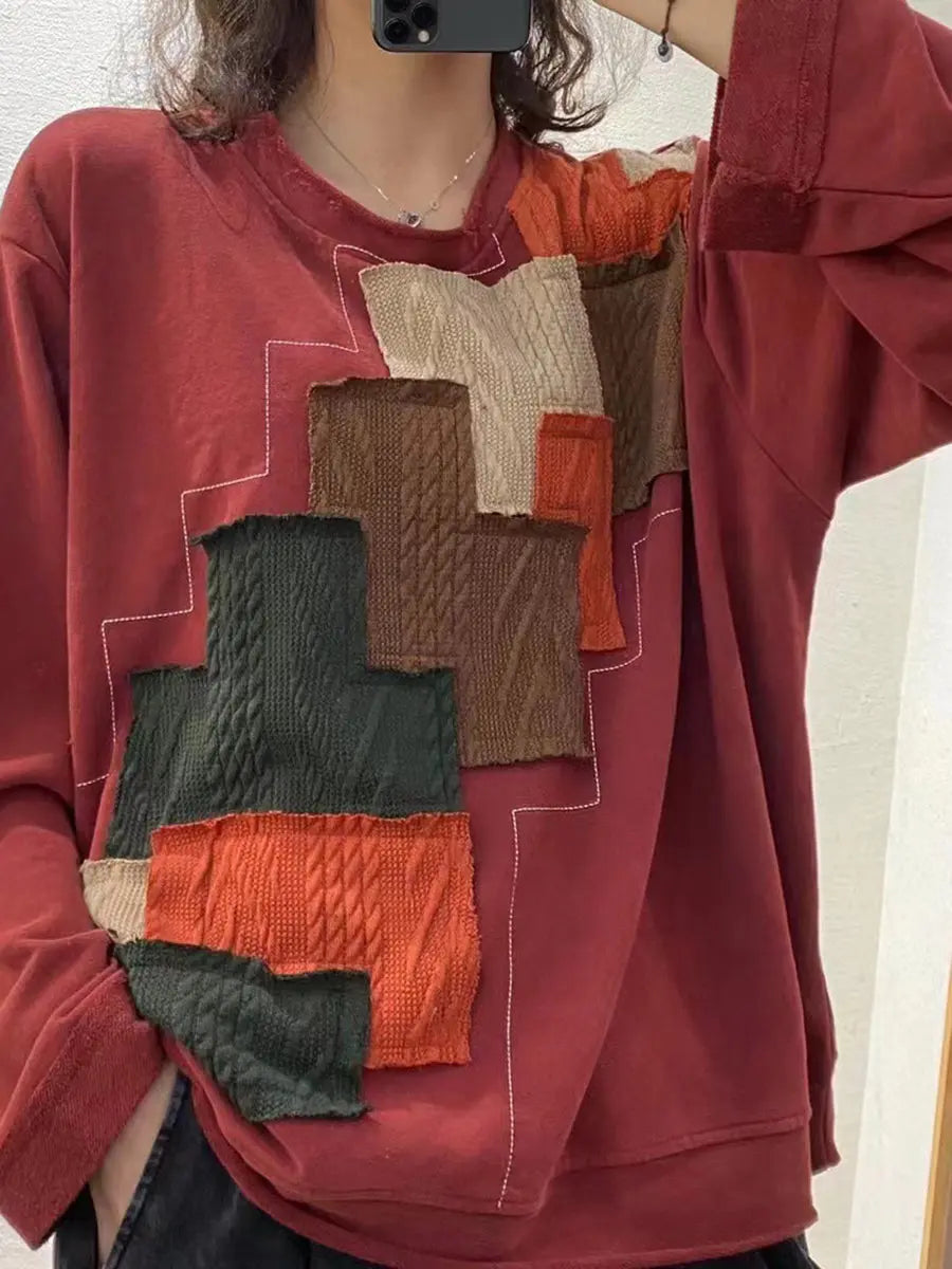 Plus Size Autumn Women Vintage Patchwork Loose Sweatshirt Ada Fashion
