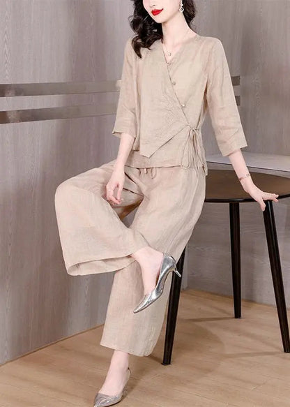 Plus Size Beige Asymmetrical Tie Waist Linen Two Pieces Set Spring Ada Fashion