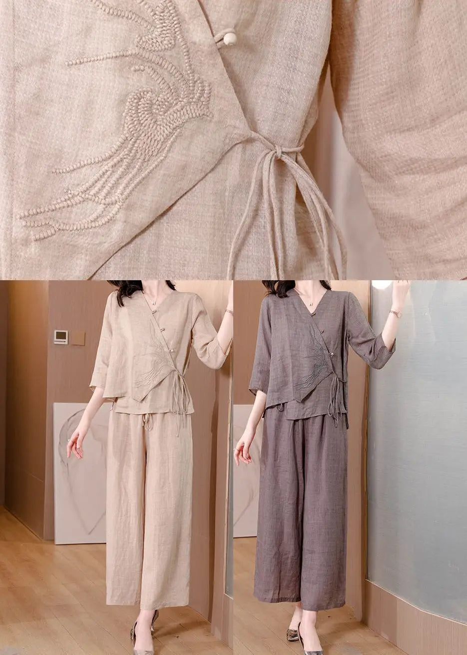 Plus Size Beige Asymmetrical Tie Waist Linen Two Pieces Set Spring Ada Fashion