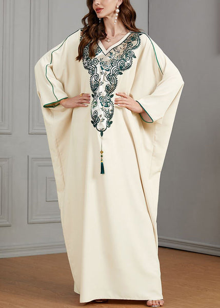 Plus Size Beige Embroidered Tasseled Cotton Dresses Batwing Sleeve AA1018 Ada Fashion