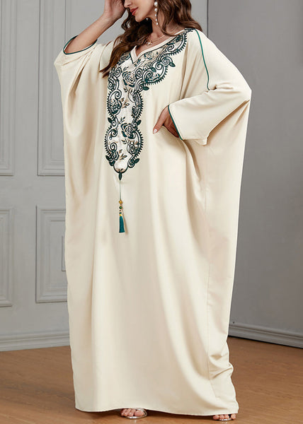 Plus Size Beige Embroidered Tasseled Cotton Dresses Batwing Sleeve AA1018 Ada Fashion