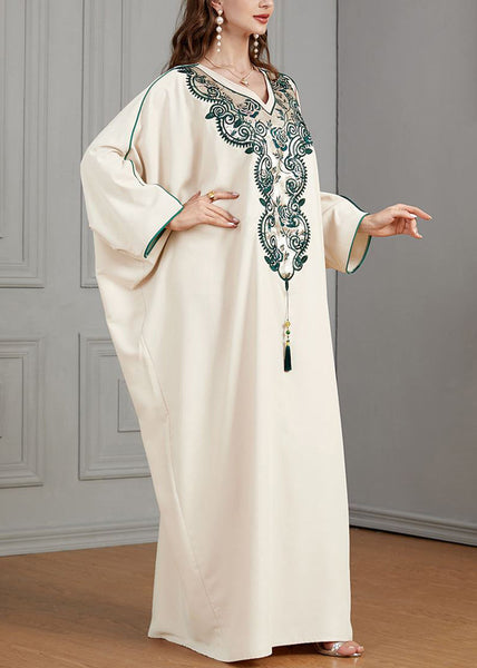 Plus Size Beige Embroidered Tasseled Cotton Dresses Batwing Sleeve AA1018 Ada Fashion