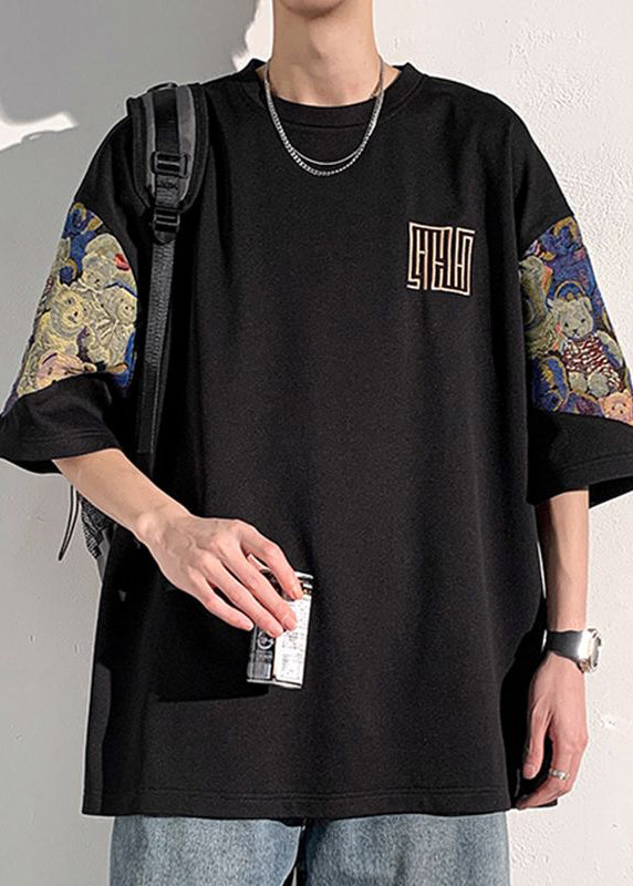 Plus Size Black Embroideried Patchwork Cotton Mens Graphic Tees Summer WA012 MENT241110