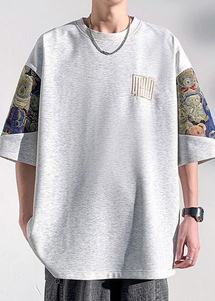 Plus Size Black Embroideried Patchwork Cotton Mens Graphic Tees Summer WA012 MENT241110