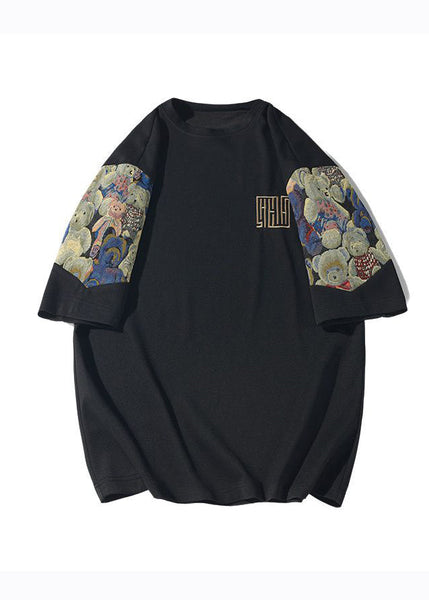 Plus Size Black Embroideried Patchwork Cotton Mens Graphic Tees Summer WA012 MENT241110