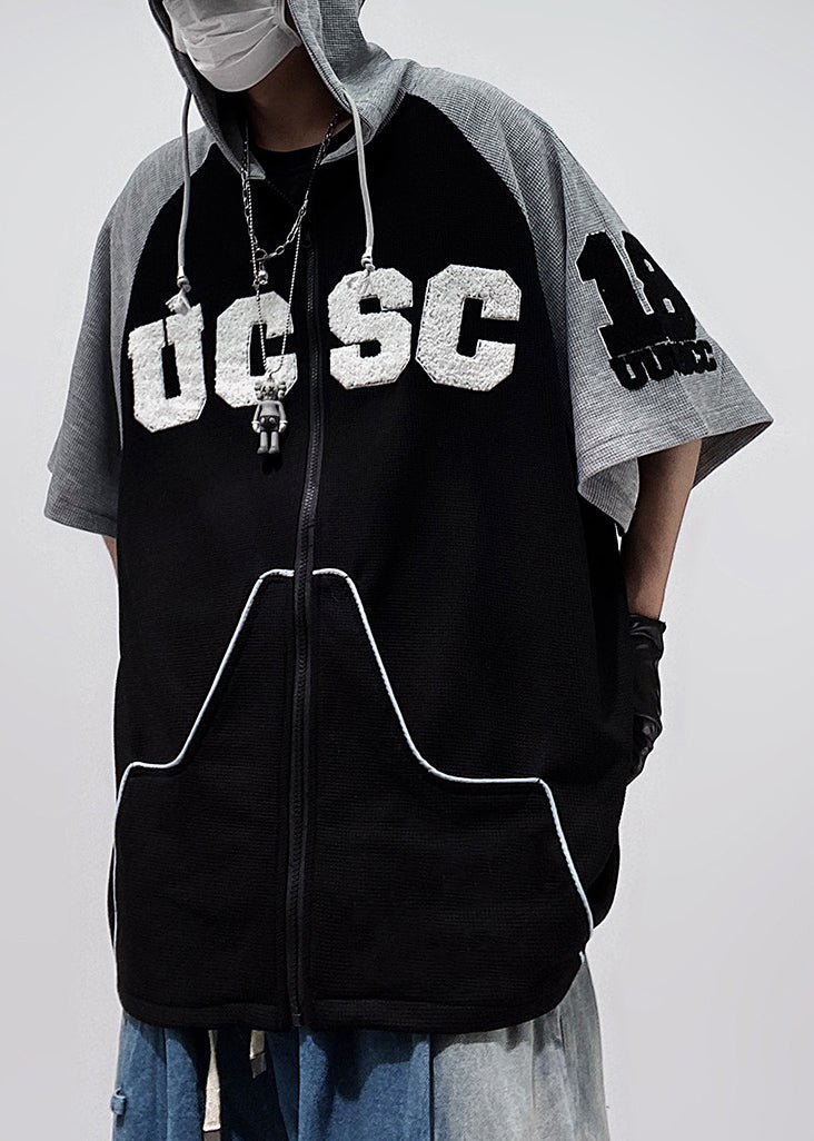 Size Patchwork Cotton Black Plus Hooded Zippered Men Shirts T FashionChic