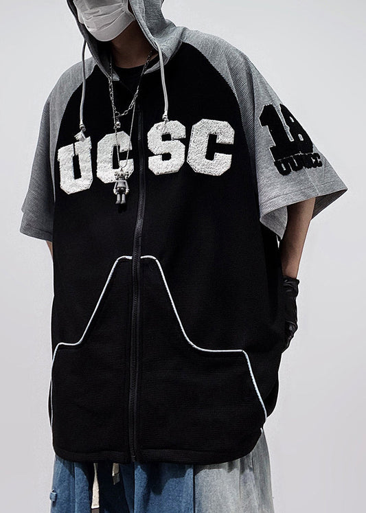 Size Patchwork Cotton Black Plus Hooded Zippered Men Shirts T FashionChic