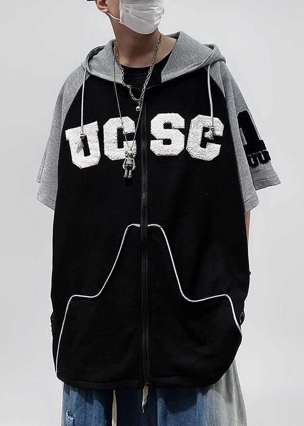 Size Patchwork Cotton Black Plus Hooded Zippered Men Shirts T FashionChic