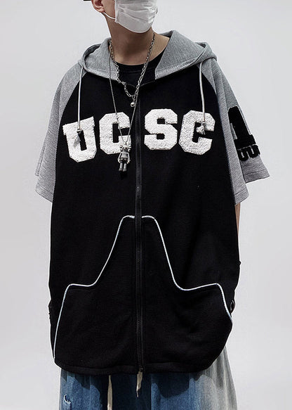 Size Patchwork Cotton Black Plus Hooded Zippered Men Shirts T FashionChic