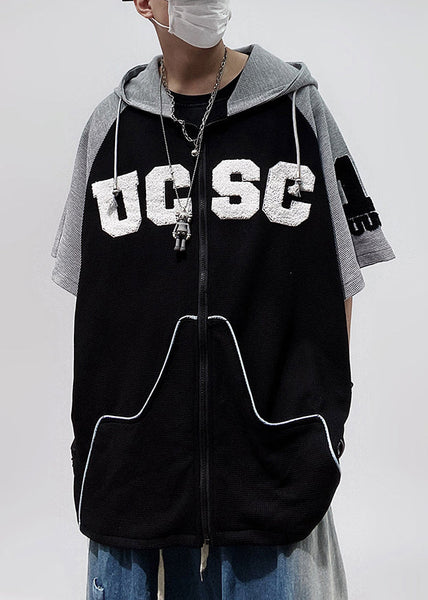 Size Patchwork Cotton Black Plus Hooded Zippered Men Shirts T FashionChic