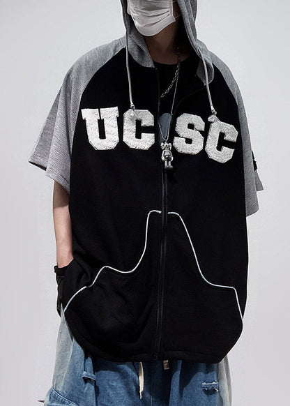 Size Patchwork Cotton Black Plus Hooded Zippered Men Shirts T FashionChic