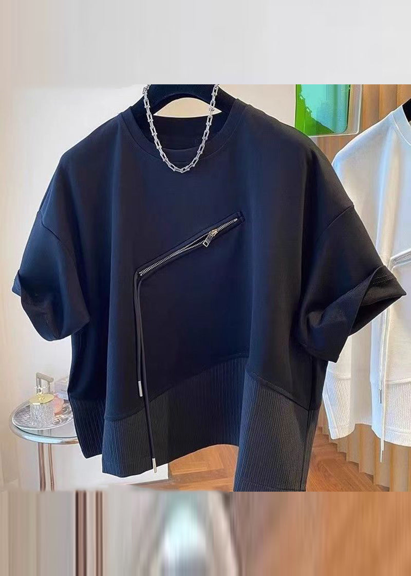 Plus Size Black O-Neck Asymmetrical Patchwork Zippered T Shirts Short Sleeve UU1040 SH-LF-STP240526