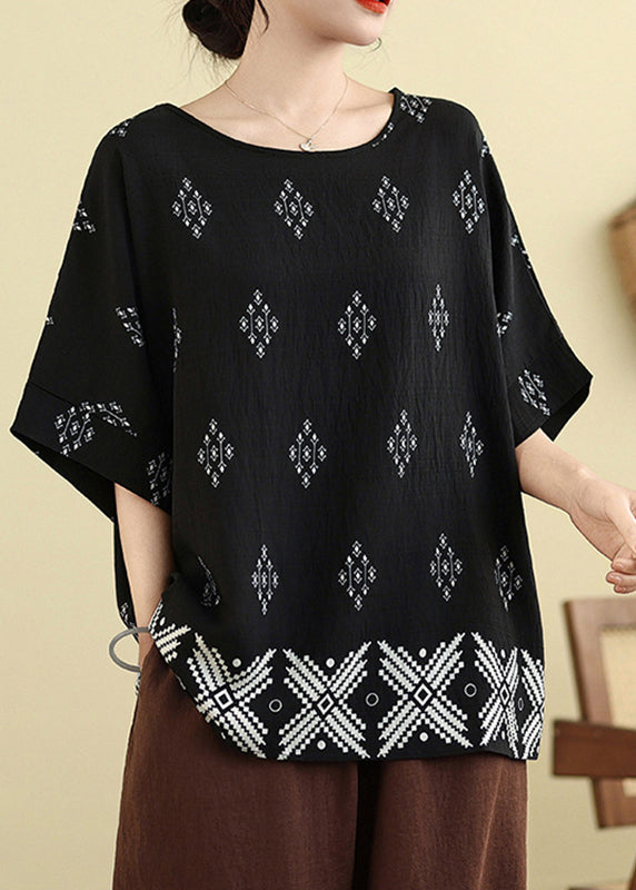 Plus Size O-Neck Loose Black Summer Top FashionChic