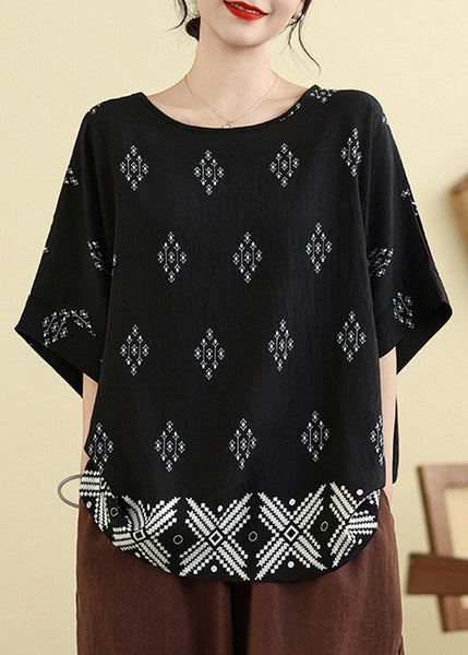 Plus Size O-Neck Loose Black Summer Top FashionChic