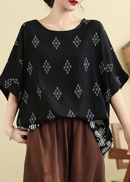 Plus Size O-Neck Loose Black Summer Top FashionChic