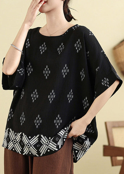 Plus Size O-Neck Loose Black Summer Top FashionChic