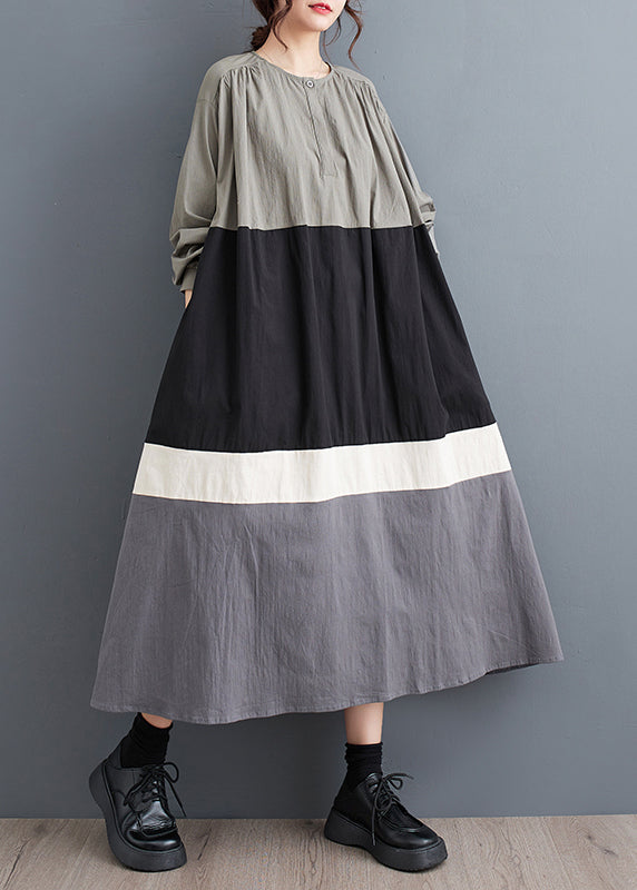 Plus Size Black O Neck Patchwork Cotton Long Dress Fall QA056 OM-ZS241009