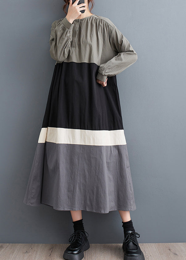 Plus Size Black O Neck Patchwork Cotton Long Dress Fall QA056 OM-ZS241009
