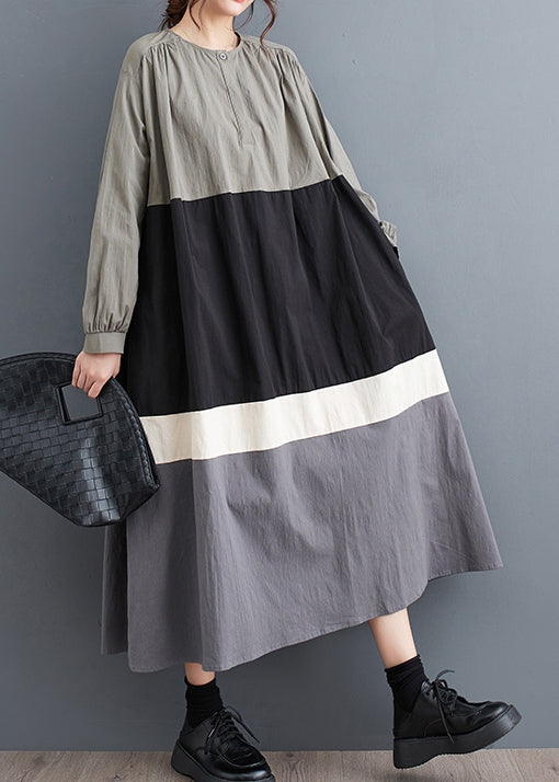 Plus Size Black O Neck Patchwork Cotton Long Dress Fall QA056 OM-ZS241009