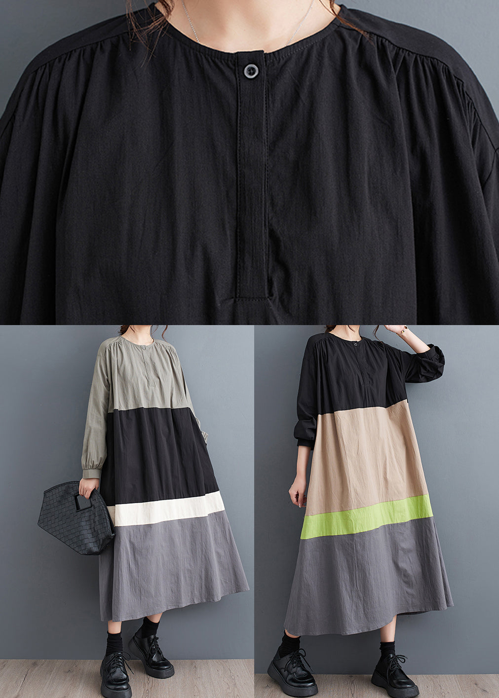 Plus Size Black O Neck Patchwork Cotton Long Dress Fall QA056 OM-ZS241009