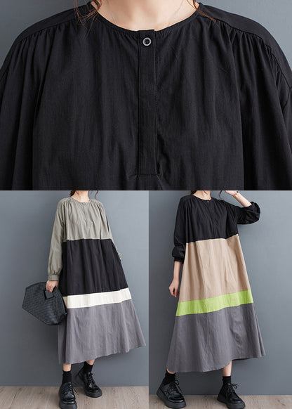 Plus Size Black O Neck Patchwork Cotton Long Dress Fall QA056 OM-ZS241009