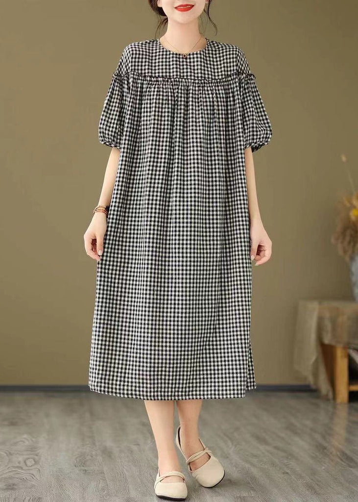Plus Size Black O Neck Plaid Ruffled Patchwork Cotton Dress Summer FF012 MZF-SDL240607