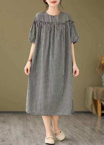 Plus Size Black O Neck Plaid Ruffled Patchwork Cotton Dress Summer FF012 MZF-SDL240607